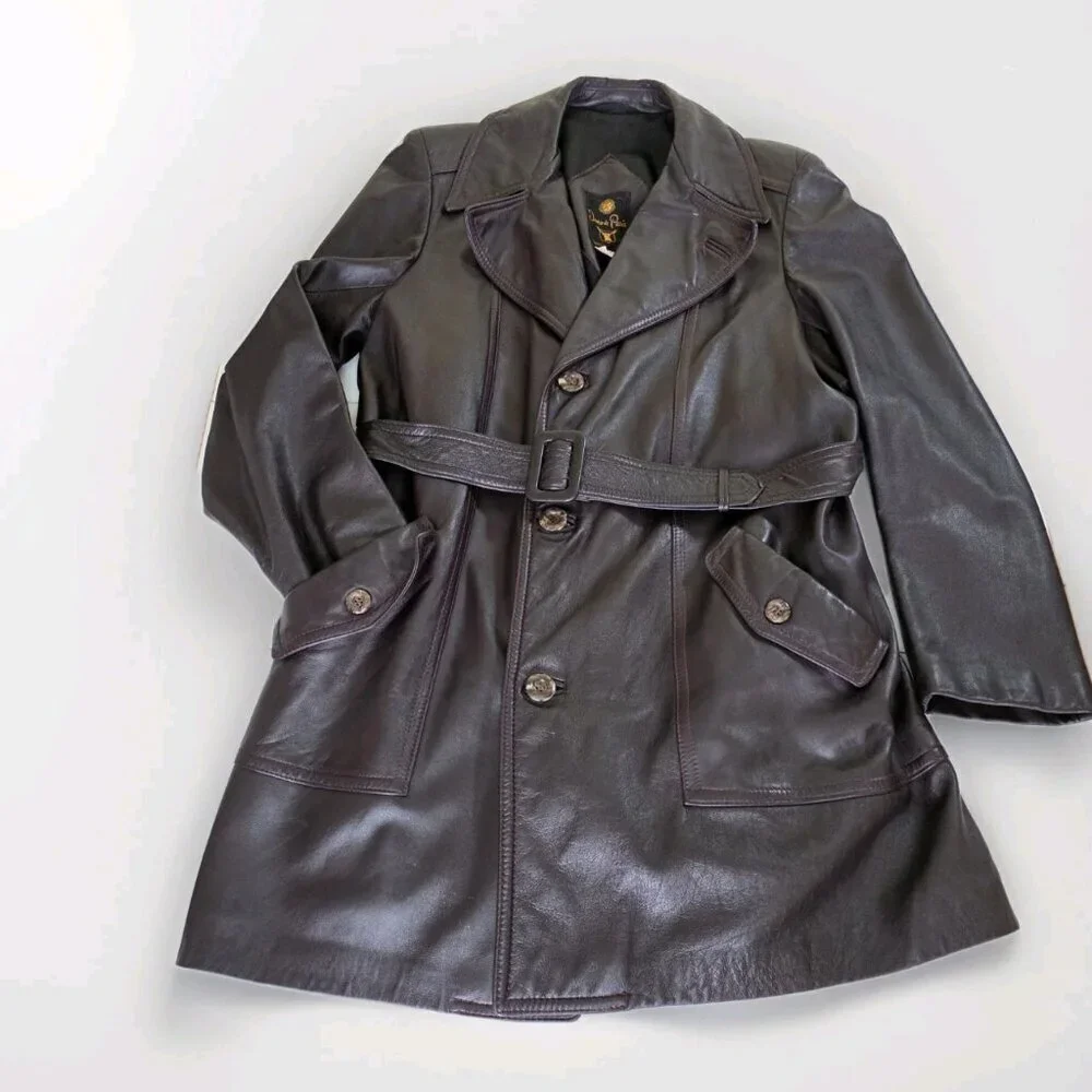 VTG Jeno De Paris Leather Coat Mens 40 Brown Mid Length LS Lined  Buttons FLAW